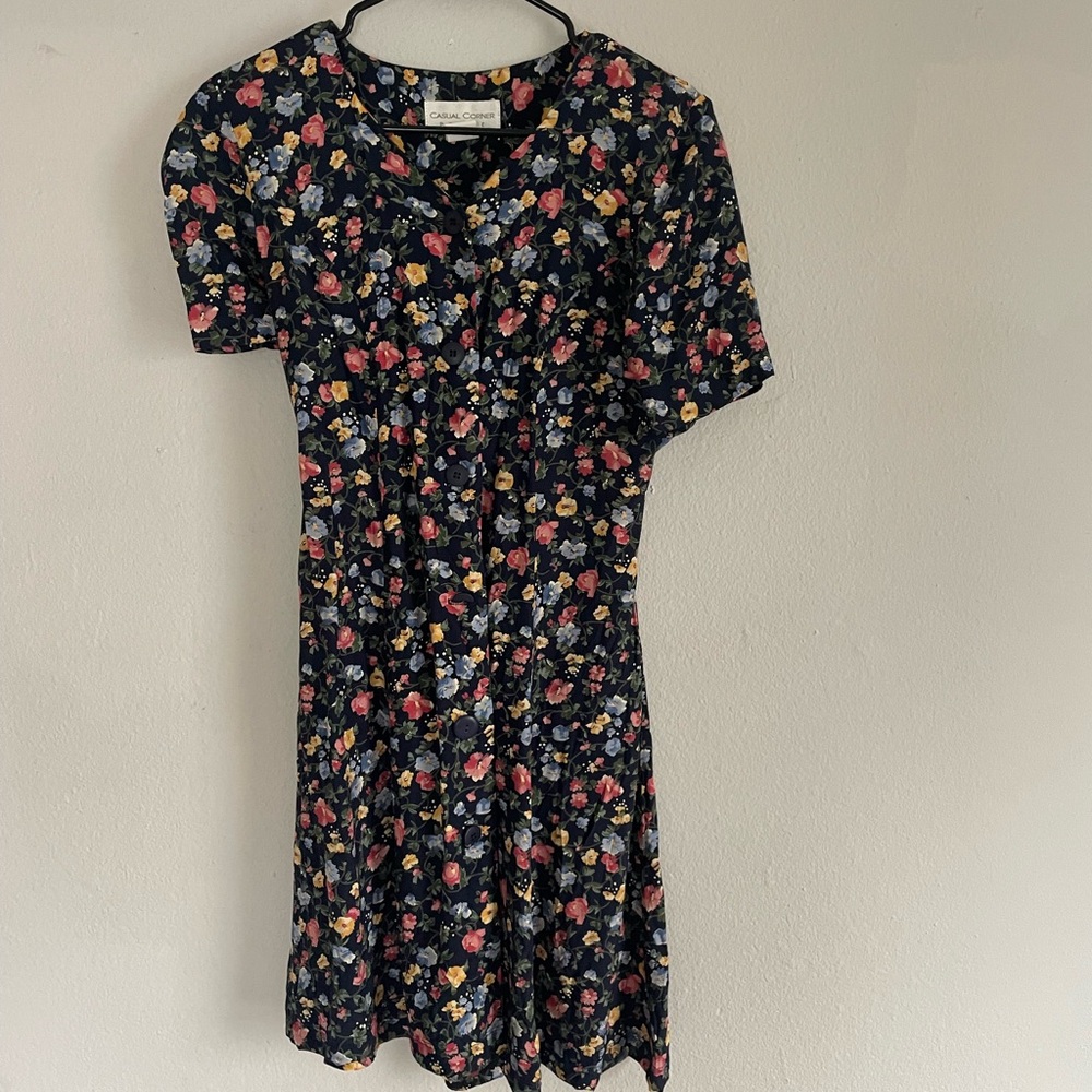 90s Button Front Navy Floral Short Sleeve Dress